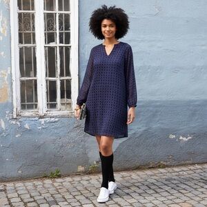 Cabi Harlequin Shift Dress Long Sleeves Blue Black XL